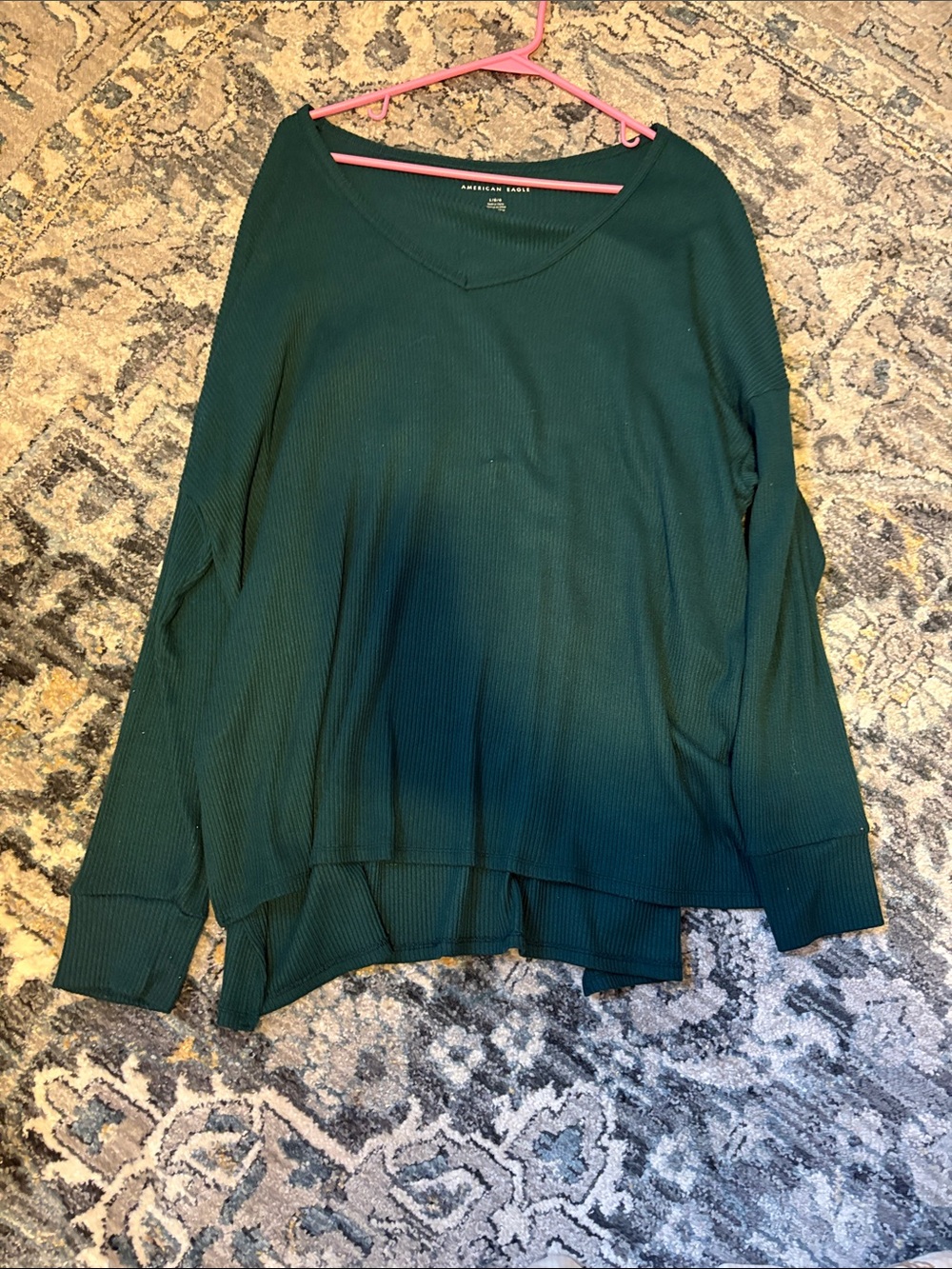 American Eagle Outfitters Dark Green Ribbed V-Neck Long Sleeve Top